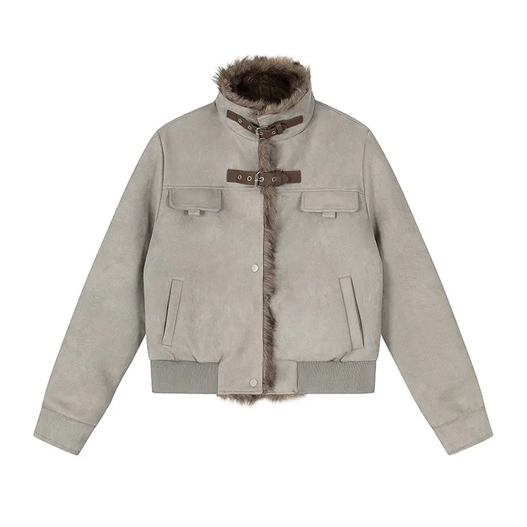 KZ潮牌/美式毛领拼接立领麂皮绒座山雕棉衣加绒加厚宽松男女外套