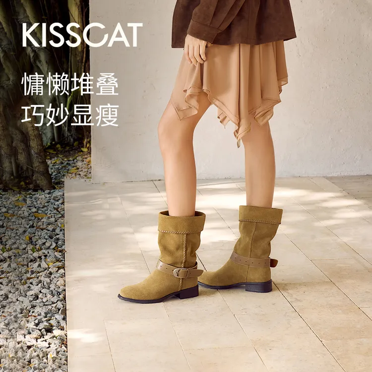 【商场同款】接吻猫25新[时光诗人]波嬉风复古牛仔靴KA65783-11