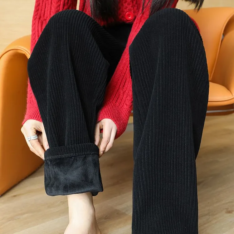 黑色窄版加绒加厚阔腿裤子女士直筒休闲高腰垂坠感百搭小个子长裤