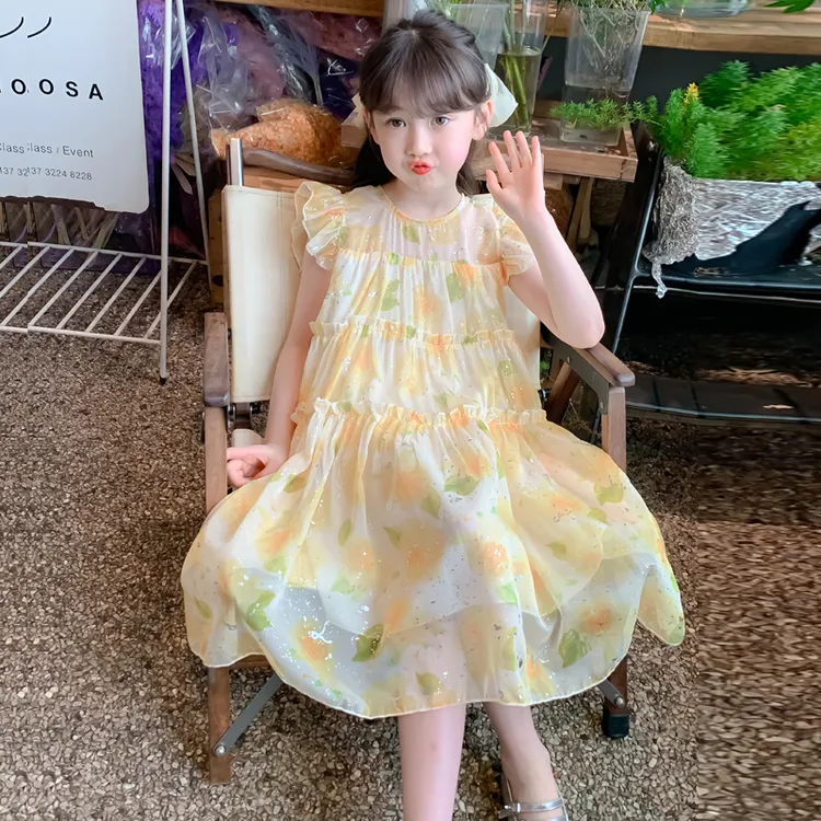女童夏装连衣裙2025新款儿童洋气甜美女孩夏季碎花雪纺背心公主裙