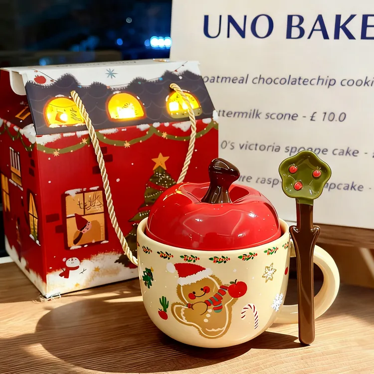 可爱圣诞苹果陶瓷马克杯子带盖勺圣诞节送女生有意义生日礼物水杯