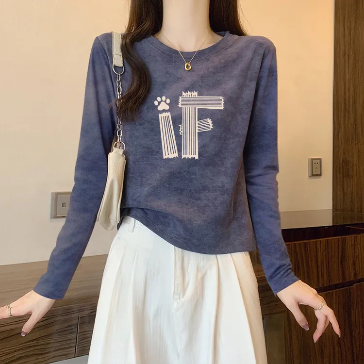 扎染渐变新款纯棉正肩修身长袖t恤女春秋冬季爆款内搭打底衫上衣