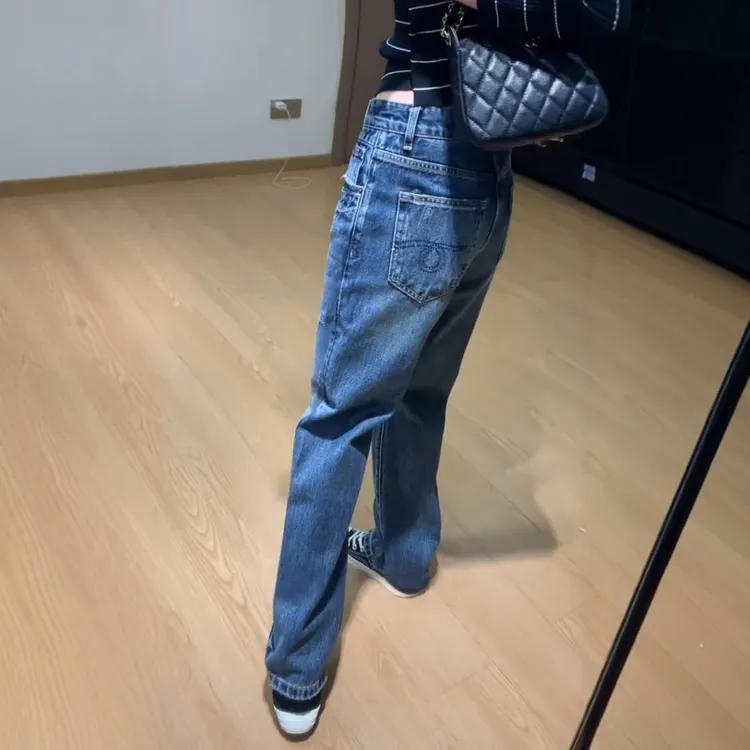 秋季新款极简风蓝色窄版牛仔阔腿裤大码女装高腰显瘦百搭直筒裤子