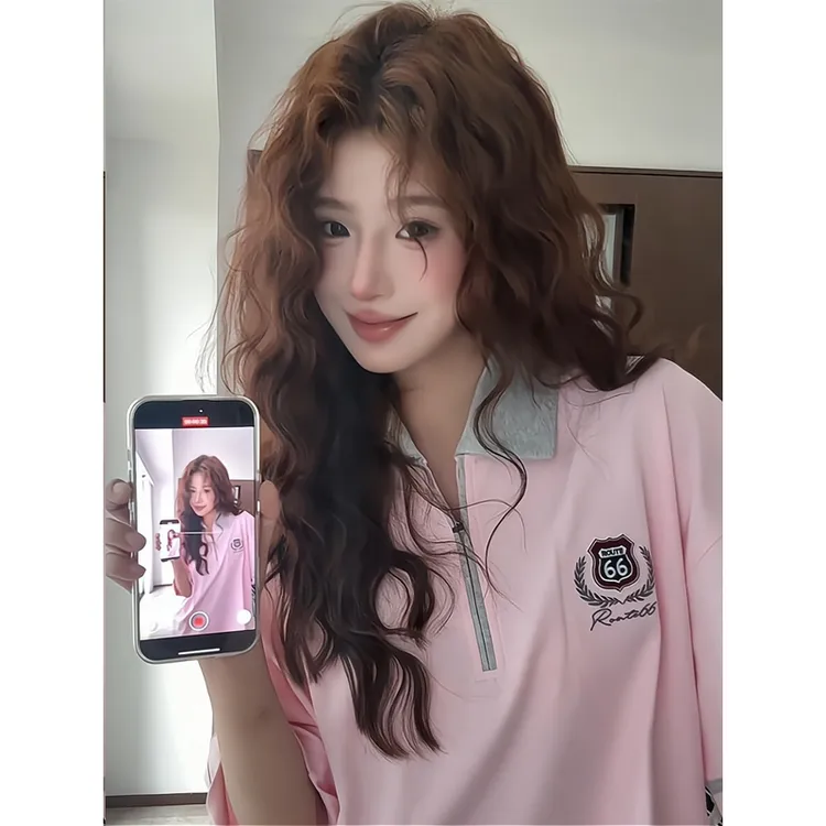 半拉链撞色凉感弹力翻领Polo衫上衣蛋糕裙短裙直筒牛仔裤阔腿长裤