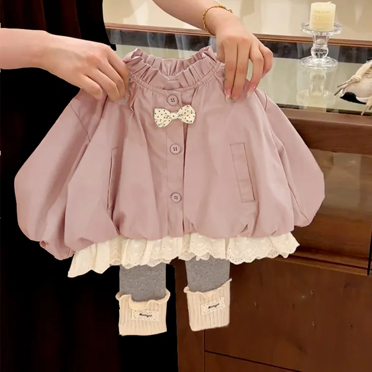 秋装套装女童风衣外套洋气韩版蕾丝拼接花边灯笼开衫打底裤两件套