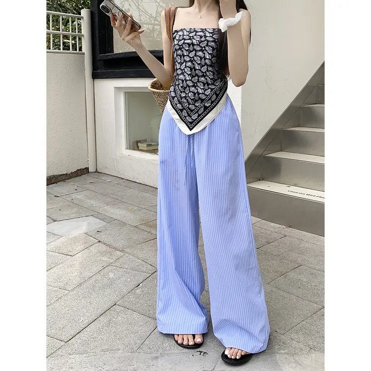 2025夏季新款辣妹短款显瘦肚兜背心宽松竖条纹阔腿休闲裤两件套女