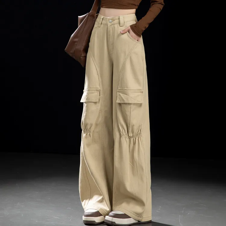 卡其阔腿牛仔裤女2025新款秋宽松直筒工装裤褶皱设计感大口袋裤子