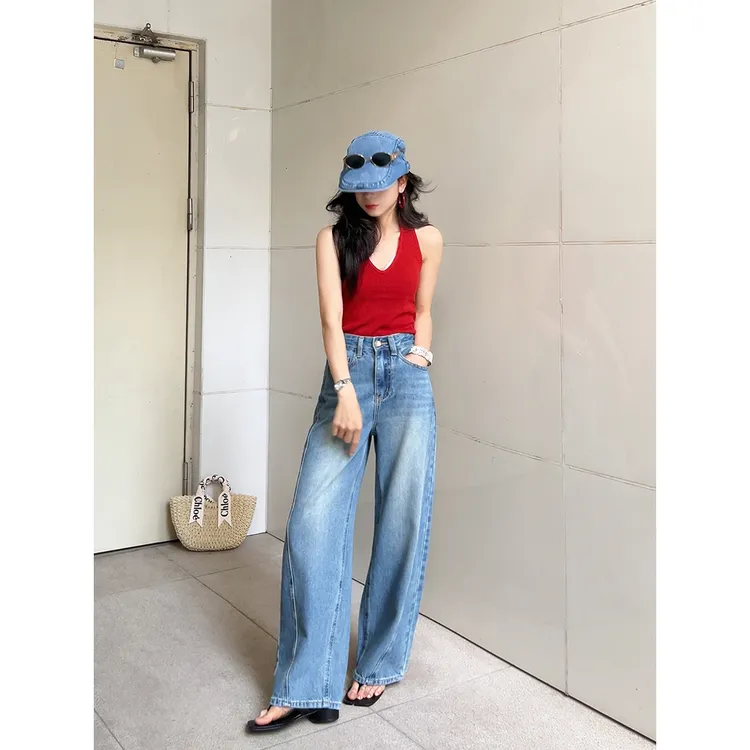 【蓝以抵挡】浅蓝小个子弯刀阔腿牛仔裤~秋季新款女士慵懒阔腿裤子