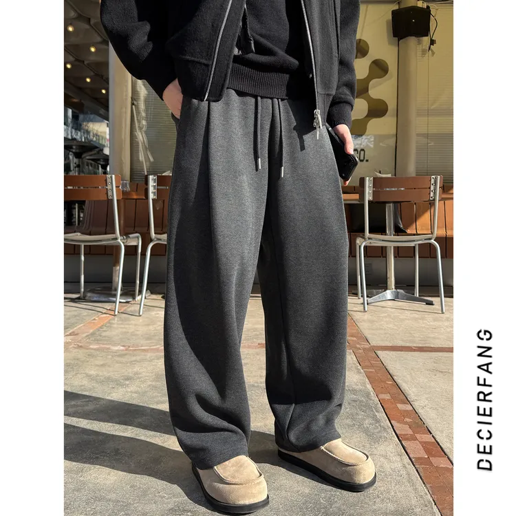 【羊毛混纺】潮牌冬季新款加绒直筒休闲裤男宽松加厚保暖阔腿裤潮