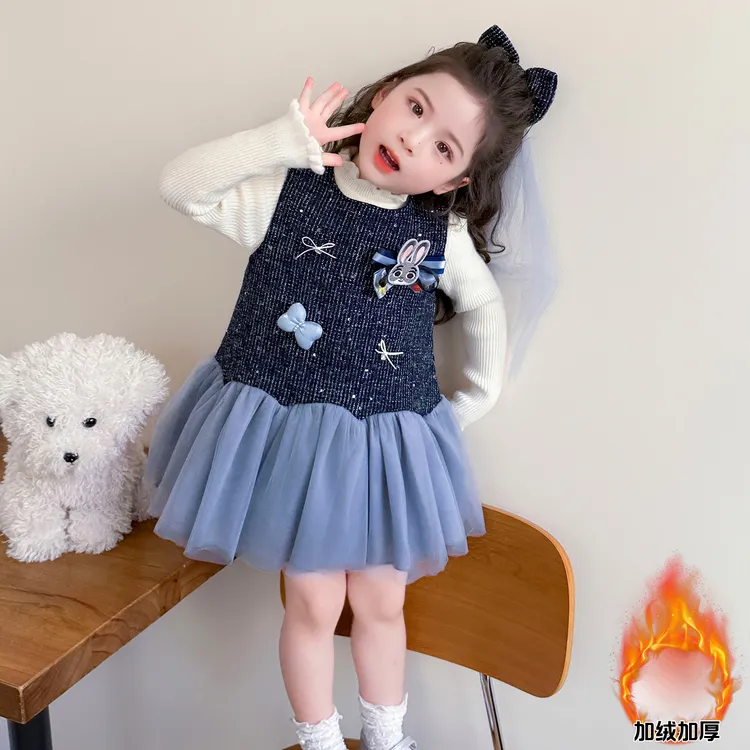 女童加绒背心裙套装秋冬装女宝宝兔子警官公主裙儿童加厚连衣裙子