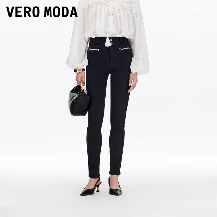 Vero Moda牛仔裤2025秋季新款含棉金属装饰显瘦小脚裤高级感