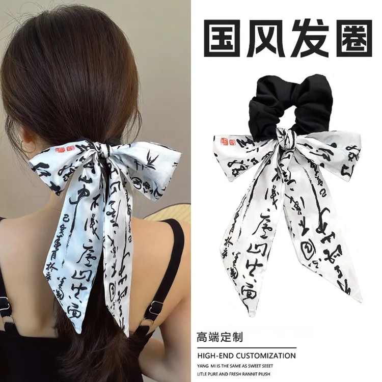 儿童新中式大肠发圈女童国风书法水墨飘带蝴蝶结发绳头饰2025新款