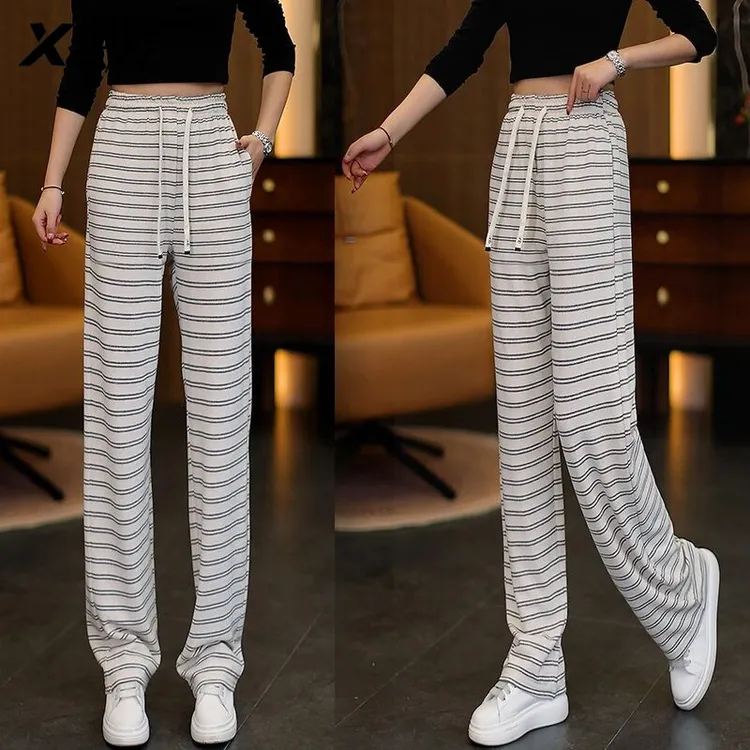 黑白条纹毛巾裤女2025春季新款高腰抽绳垂感宽松直筒休闲拖地长裤