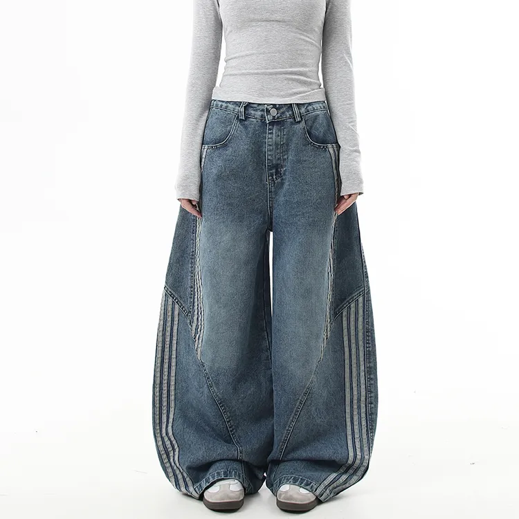 BLACKLISTS美式复古水洗解构弯刀牛仔裤男女三条杠条纹拼接阔腿裤