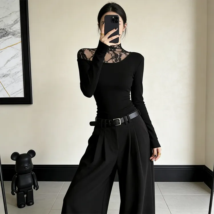 梦优莱美式辣妹半高领蕾丝拼接长袖T恤女秋冬内搭打底衫白色上衣