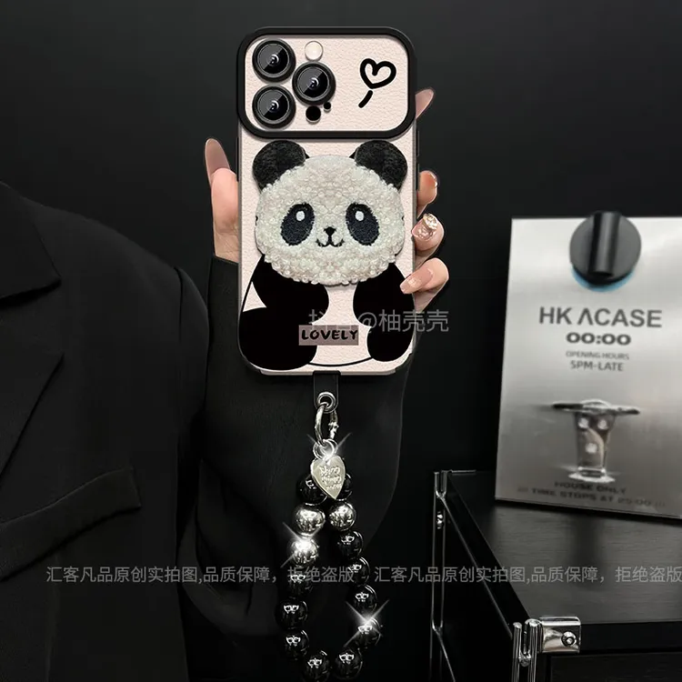 适用【苹果/oppo/华为/vivo/小米】大视窗毛绒熊猫头网红防摔手机壳