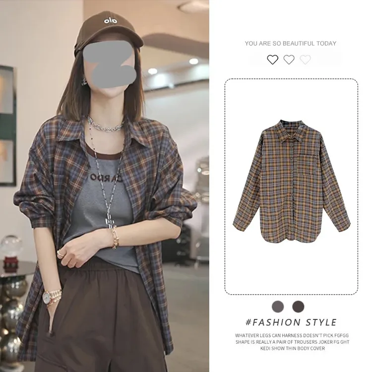 长袖衬衫女2025春秋新款韩版宽松设计感气质时尚格子翻领衬衣上衣