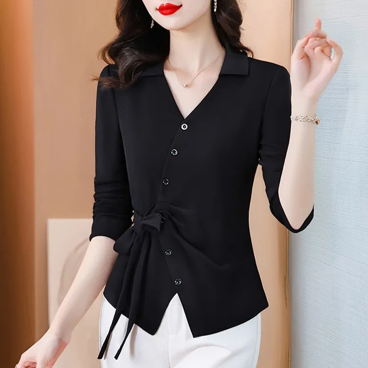不规则收腰系带长袖T恤女2025秋新款修身纯棉打底衫气质小衫上衣