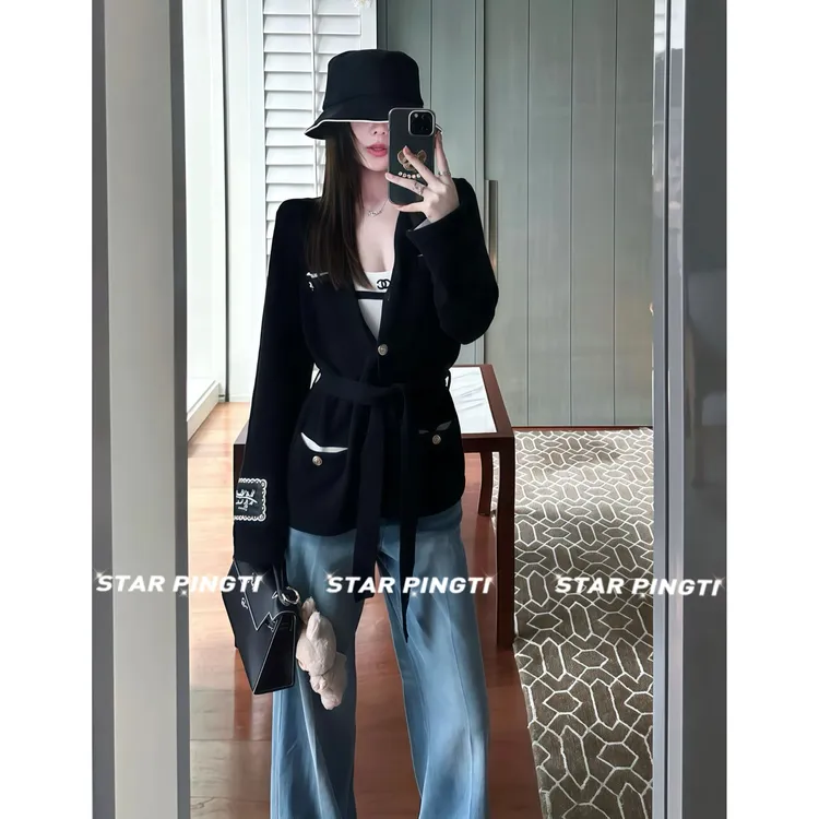 小香风外套女秋季外套气质系带刺绣针织开衫毛衣外套收腰长袖上衣