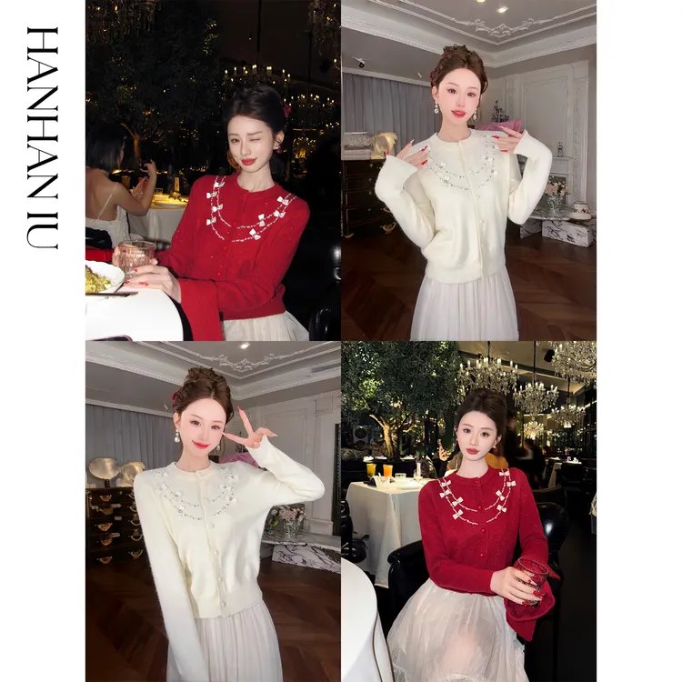 韩韩IU【浪漫环游】高定绵羊毛手工钉珠蝴蝶结可拆卸领巾短款毛衣