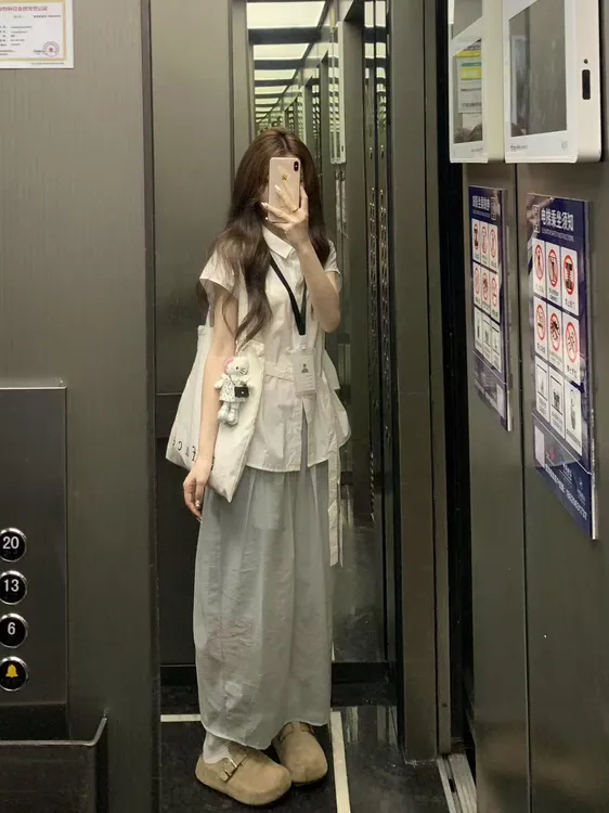 夏季2025新款韩系简约系带修腰翻领短袖衬衫女衬衣气质百搭半身裙