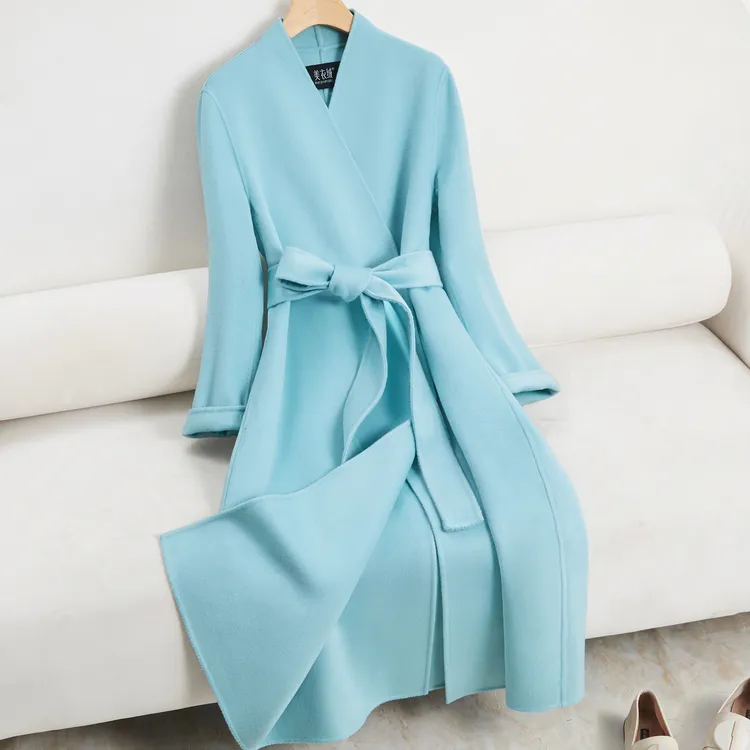 蓝色双面羊绒大衣女中长款修身显瘦减龄赫本风开叉V领羊毛呢外套