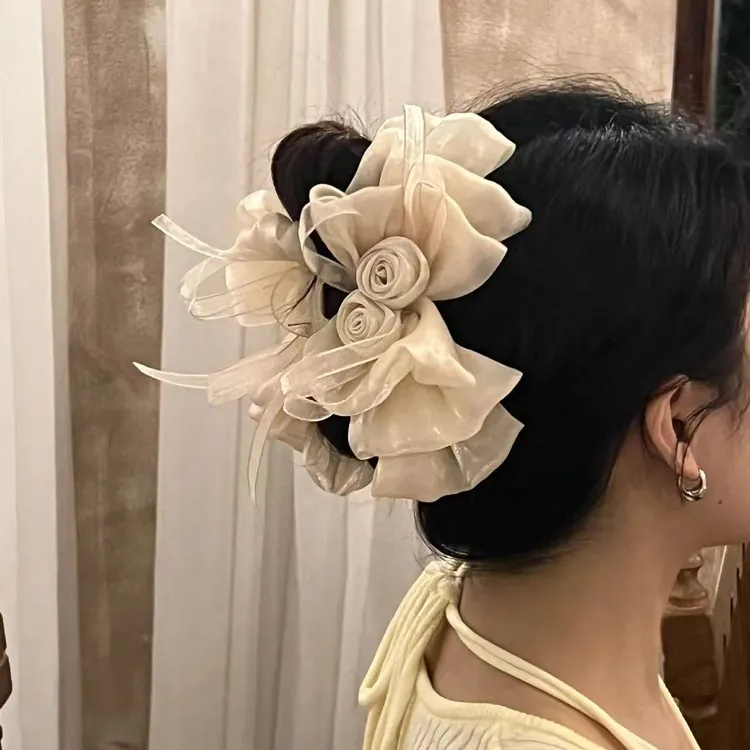 玫瑰大号蝴蝶结飘带抓夹女新款法式发夹盘发鲨鱼夹后脑勺发卡头饰