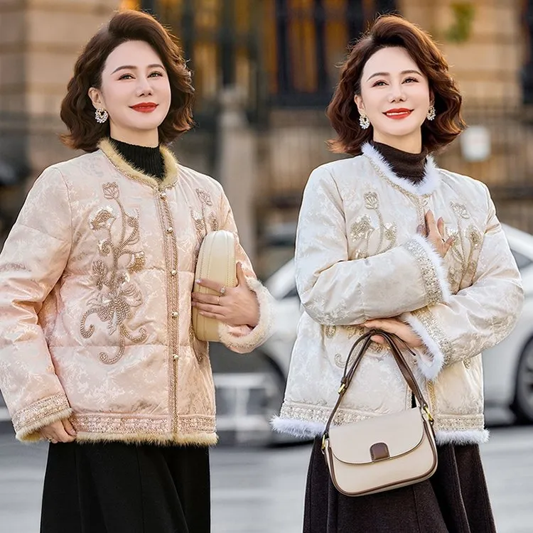 新中式国风女装圆领女冬季短款加厚保暖刺绣白鸭绒羽绒服高端女装