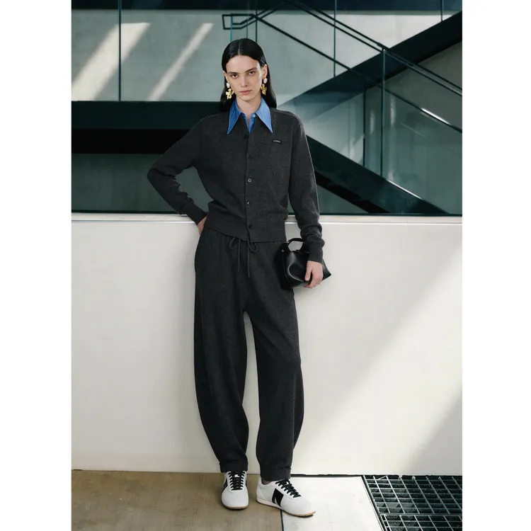 LYNEE 短款羊毛针织开衫羊毛抽绳收脚裤简约灰色套装LGD2FAK173