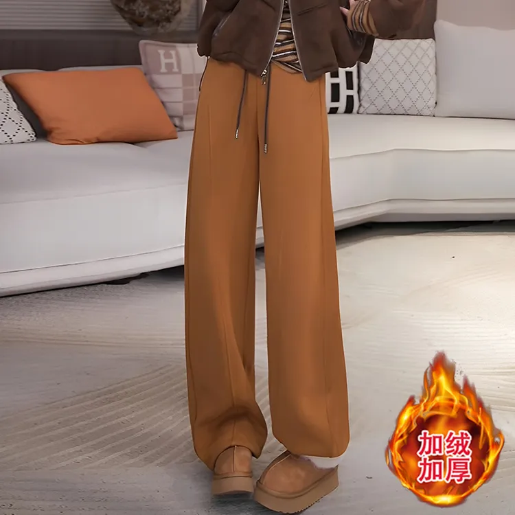 黄色卫裤女2025新款加绒加厚裤子高腰宽松直筒裤显瘦休闲运动裤