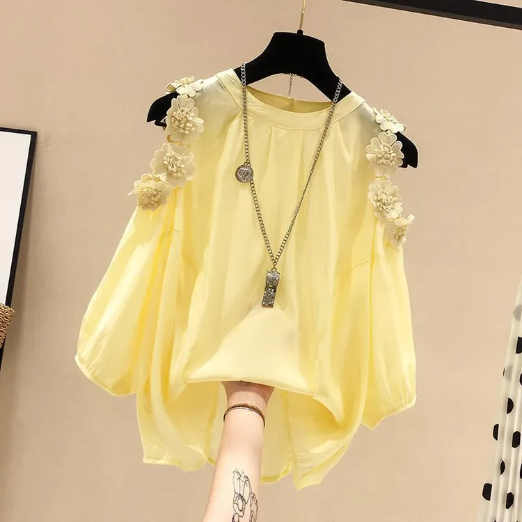 爆花朵露肩雪纺衫女短袖2023年春夏新款韩版洋气宽松遮肚子仙气上