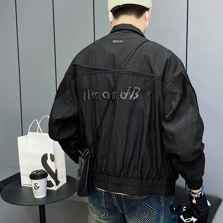 收口袖橡筋下摆刺绣拼接薄款夹克外套秋季百搭男士潮流帅气立领