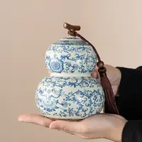 青花米黄汝窑陶瓷葫芦茶叶罐高档中式储茶罐复古大号密封罐防潮罐