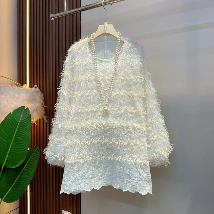 2025韩版时尚蕾丝流苏毛毛显瘦重工百搭轻奢雪纺衫上衣25198
