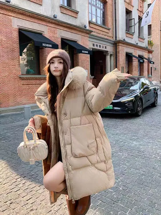 加肥加大韩版女士中长款白鸭绒羽绒服