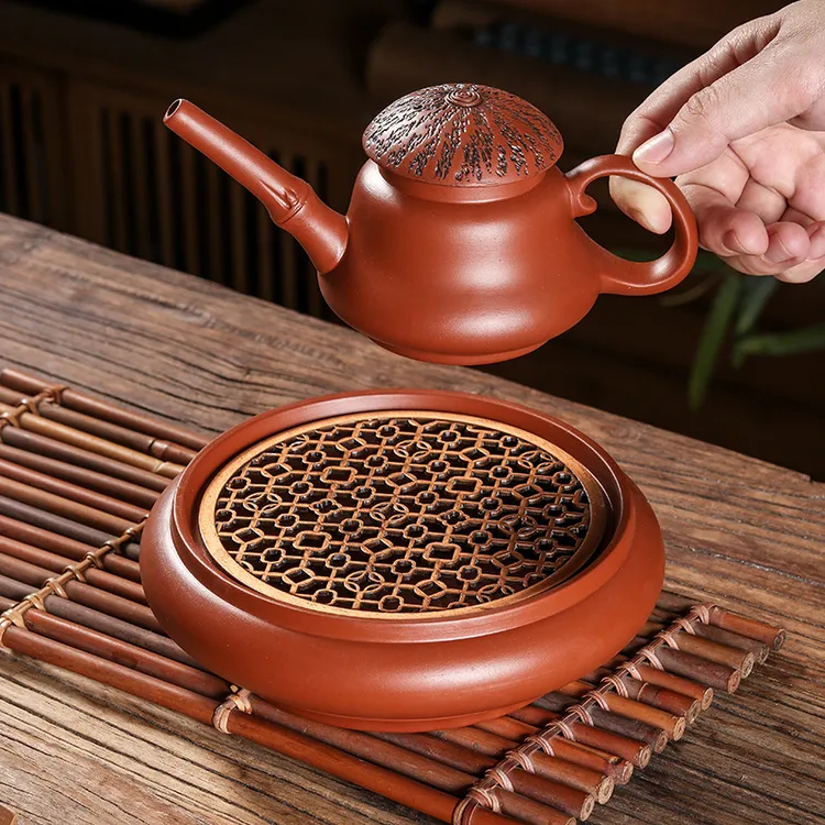 国潮新款朱泥手拉壶承圆形茶壶底座烟灰缸养壶盘隔热垫壶茶道用具