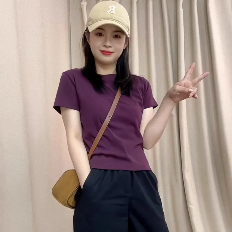 葡萄紫色修身女T恤圆领夏季百搭短袖韩版纯色显瘦短款半袖气质