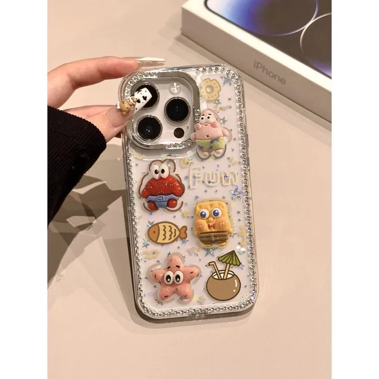 立体海绵宝宝闪钻适用于iPhone14puls苹果7P/15pro/16/防摔手机壳