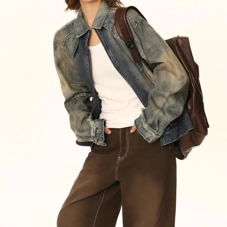  2025春秋复古做旧牛仔夹克黄泥染色重磅男女宽松百搭潮