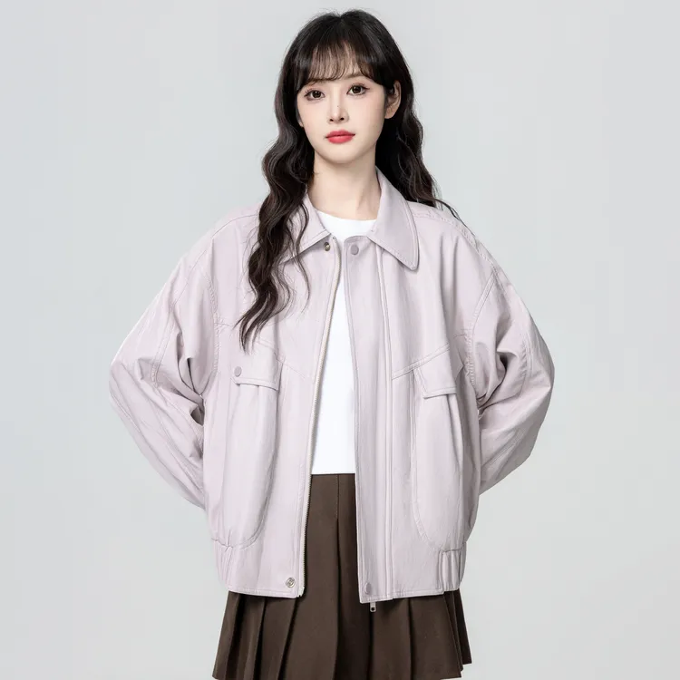 浅紫色翻领皮衣外套女秋冬2025秋季新款宽松PU皮夹克拉链开衫上衣