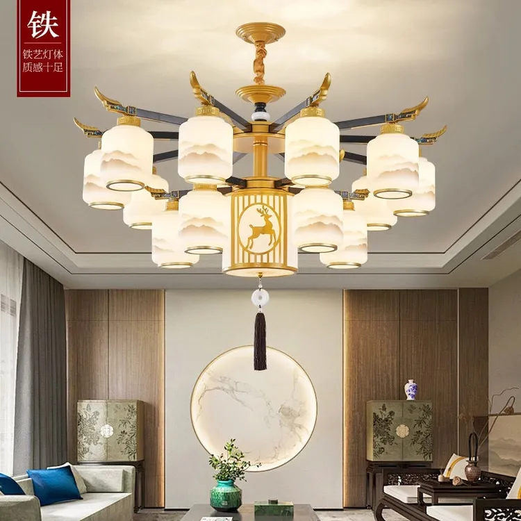 新中式吊灯仿实木轻奢中国风简约现代餐厅卧室大气别墅酒店客厅灯