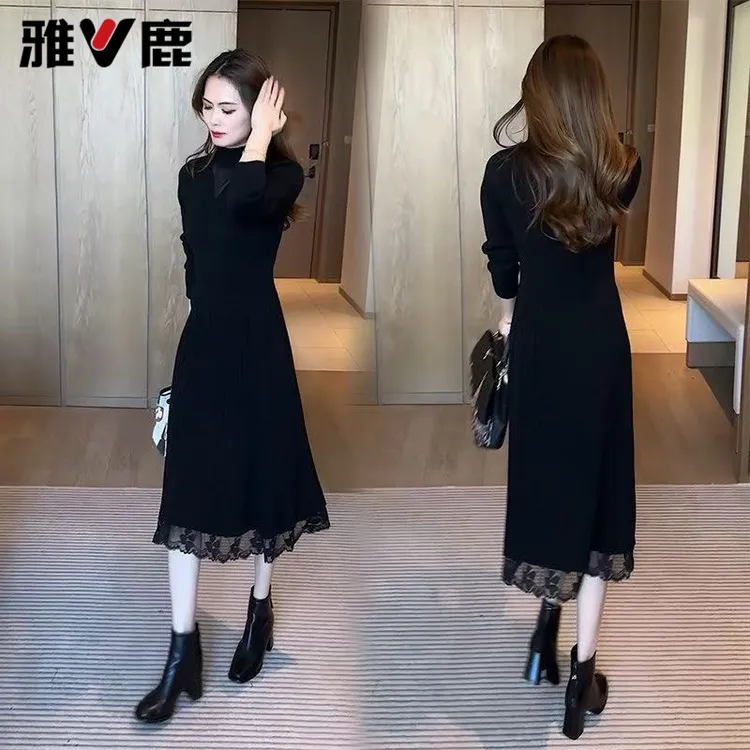 雅鹿蕾丝针织中长款连衣裙秋冬新款修身显瘦红色毛衣打底裙