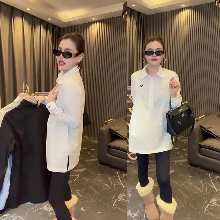 欧货中长款刺绣小马通勤衬衫2025年新款宽松显瘦Polo领气质上衣