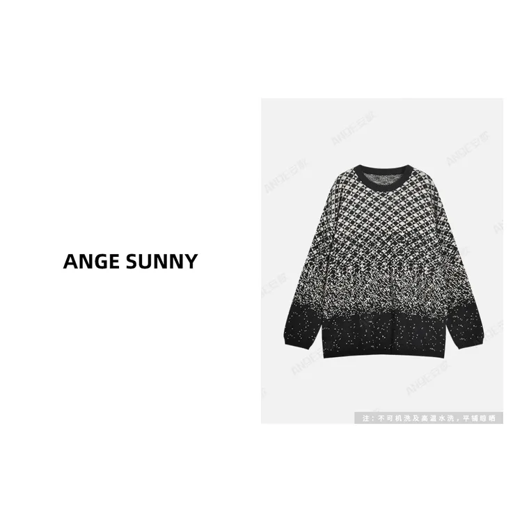 ANGE SUNNY【格纹渐变羊毛衫】慵懒松弛感棋盘格渐变毛衣