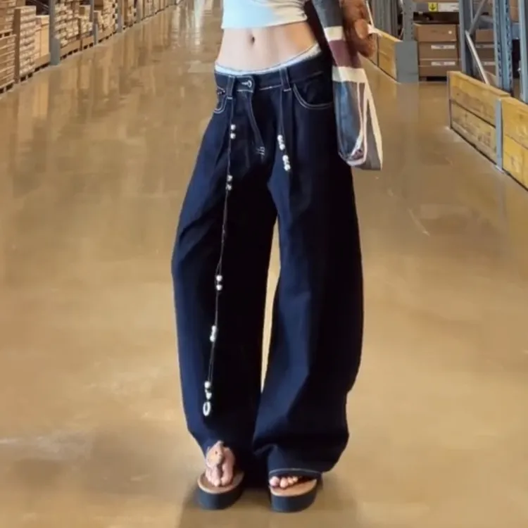 2025新款宽松百搭弯刀阔腿裤美式深蓝色直筒牛仔裤LK2505180