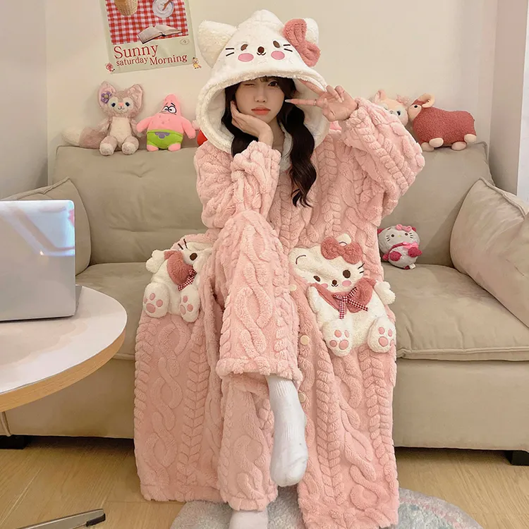 2025新款珊瑚绒连帽睡袍女士春秋冬季新款加绒加厚保暖睡衣家居服
