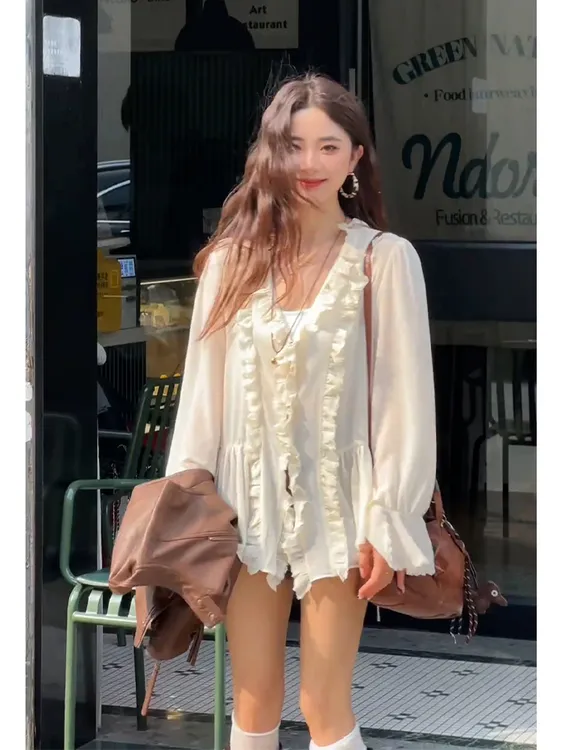 法式独特精致小上衣巨好看高级感白色木耳边半透明宽松衬衫秋2025