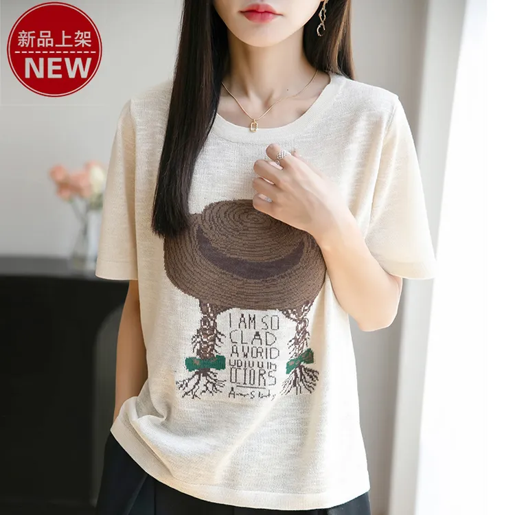 哥弟阿玛施正品时尚圆领薄款宽松显瘦草帽刺绣短袖舒适休闲针织衫