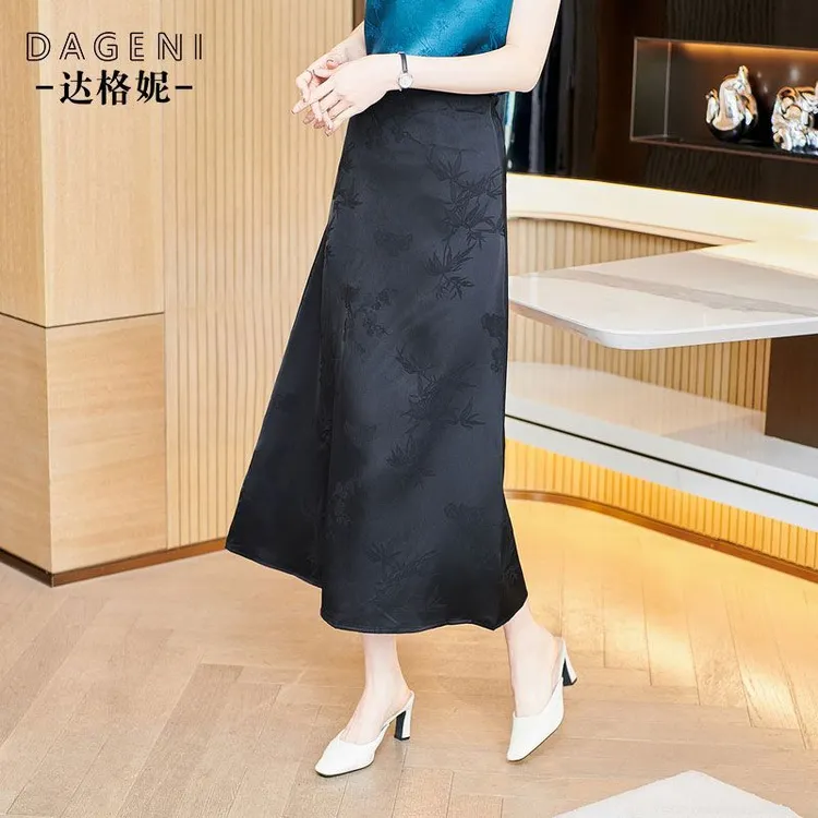 缎面提花半身裙女2025春夏新款高腰显瘦过膝中长裙复古a字裙