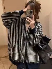 软糯条纹连帽毛衣女宽松保暖外套2025秋季新款韩版显瘦外套